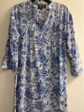 Madison Mathews Blue & White Floral Block Print Pintuck Cotton Tunic Dress.